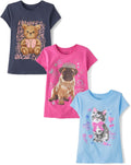 Girls 3-Pack Cotton Graphic T-Shirts - Teddy, Cat, Pug Designs