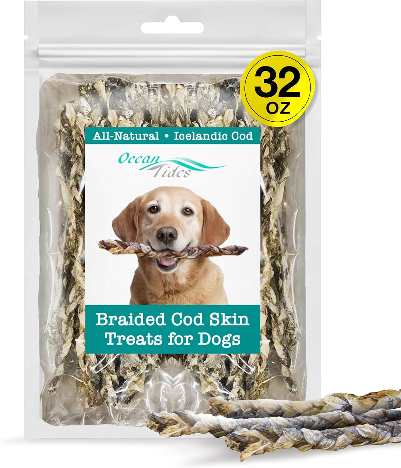 Ocean Tides Braided Cod Skins for Dogs and Cats - 32 oz Treats