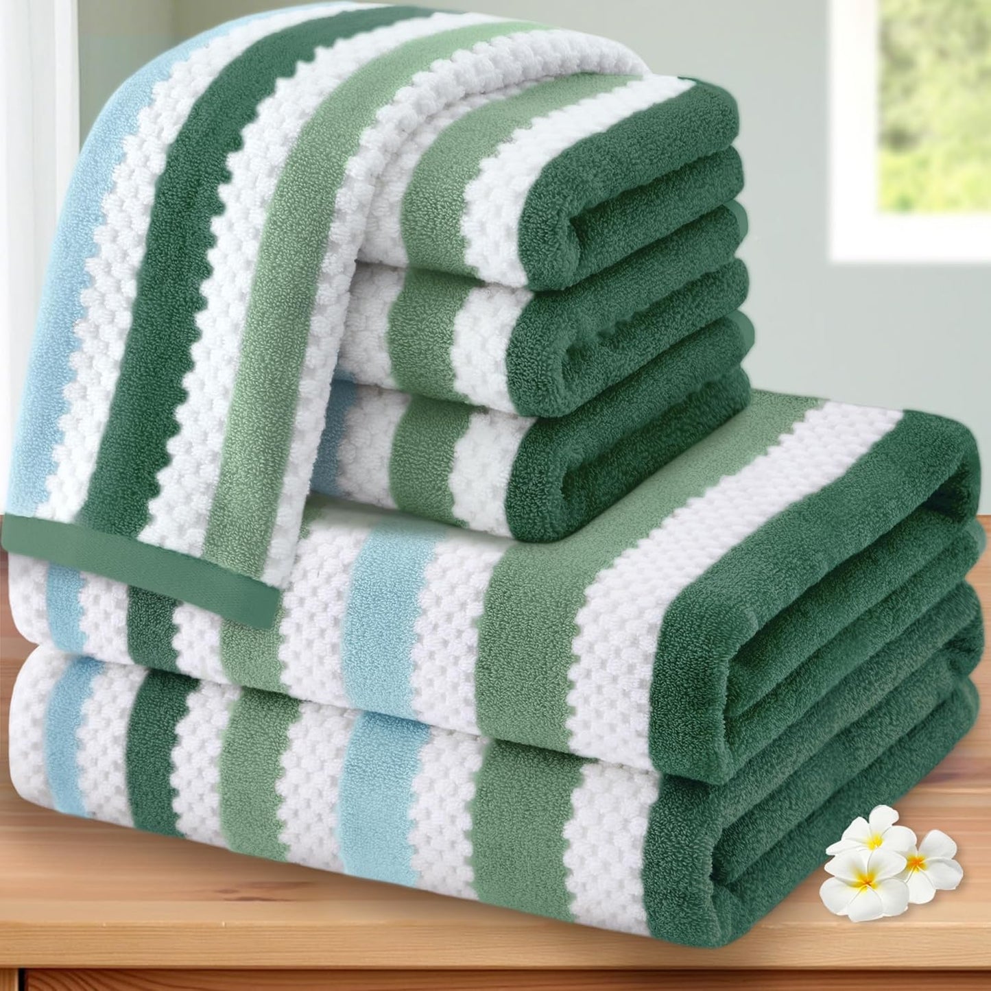 Green and White Towels Set of 6 - Soft, Absorbent, Quick Dry