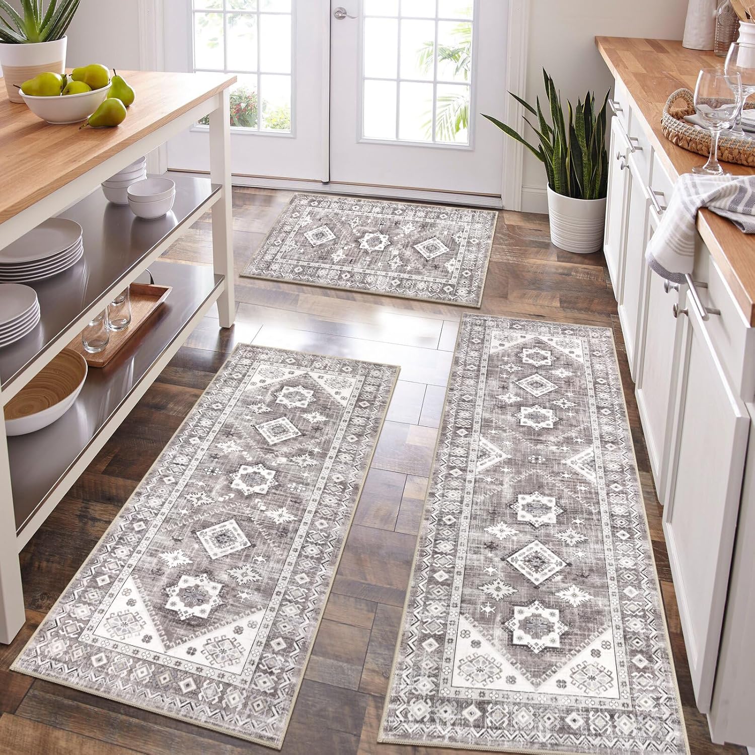 HEBE Boho Kitchen Rug Sets 3 Piece Non Slip Washable Mats