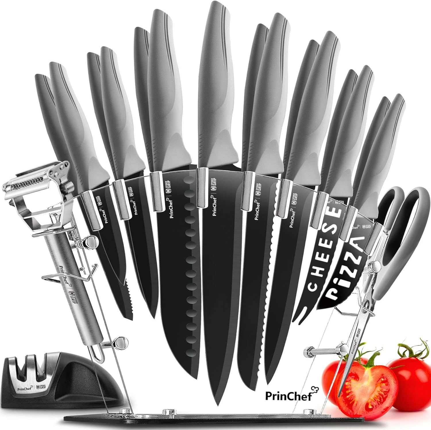PrinChef 19 Pcs Kitchen Knife Set with Acrylic Stand and Sharpener
