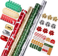 Christmas Wrapping Paper Set - Red Green Gold Silver with Bows