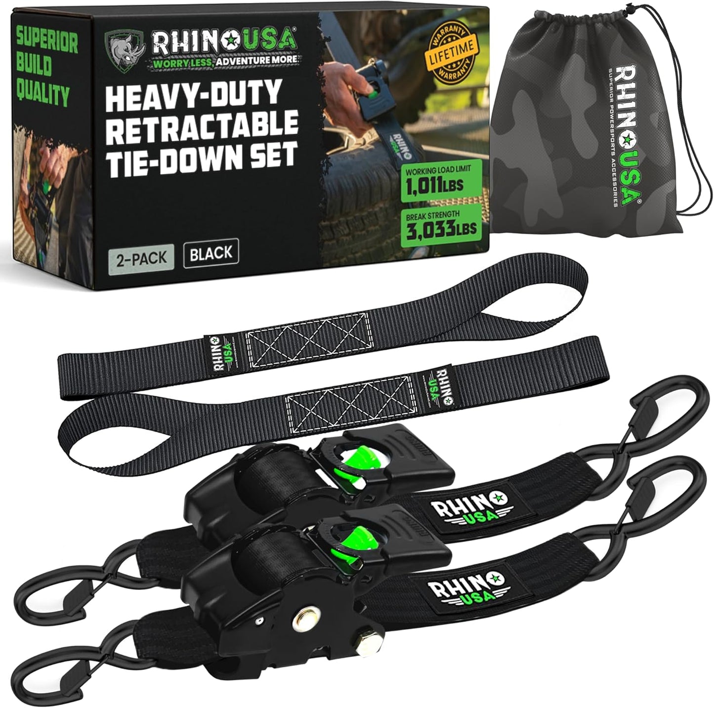 Rhino USA Retractable Ratchet Straps - Heavy Duty 2 Inch x 10 Feet