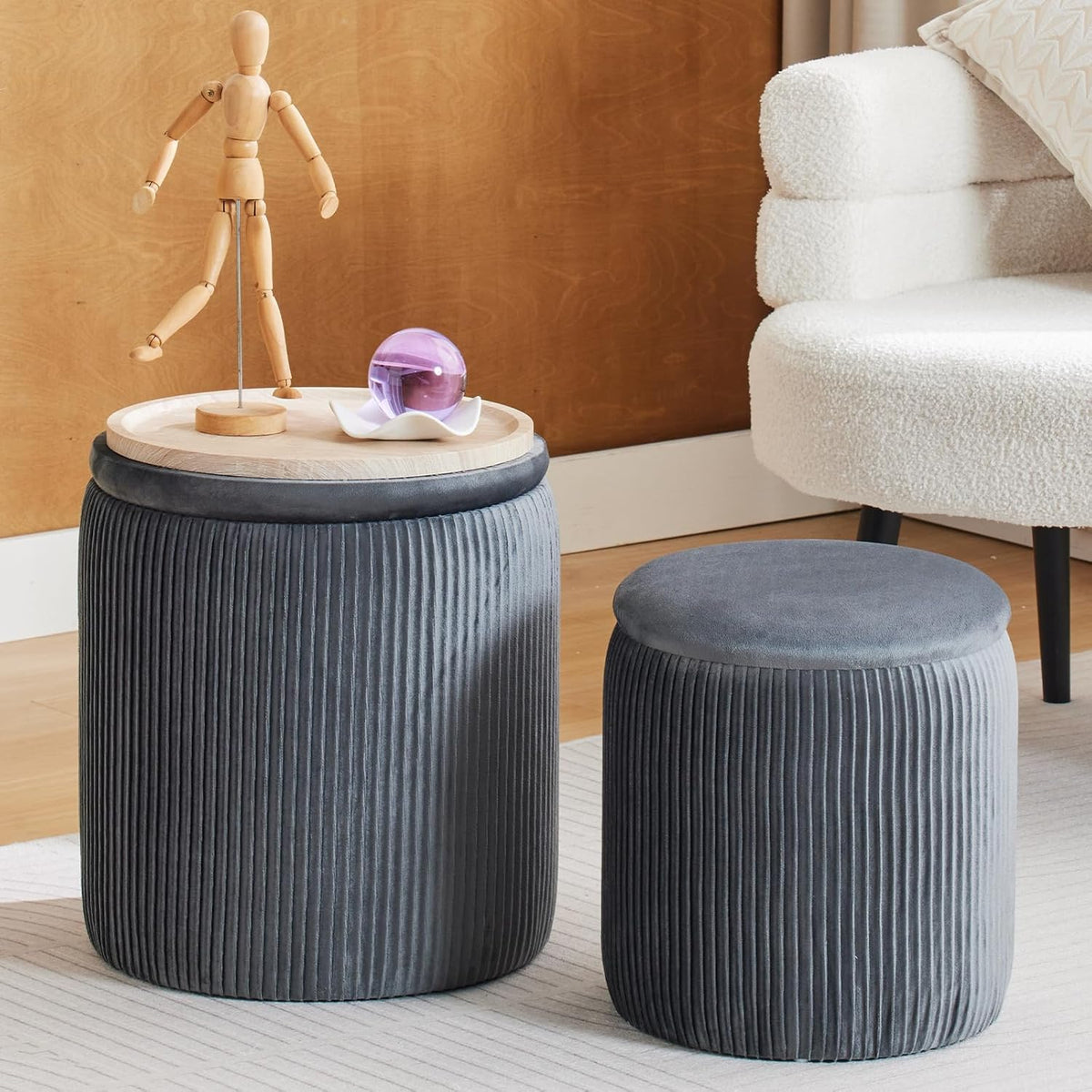 Round Ottoman with Storage Set of 2 for Living Room & Bedroom