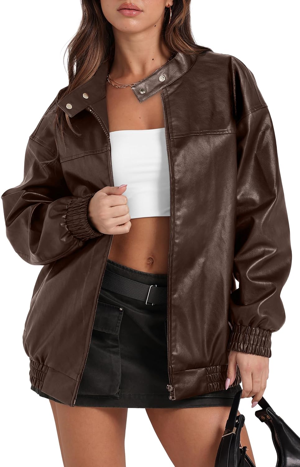Oversized Faux Leather Motorcycle Jacket for Women Fashion