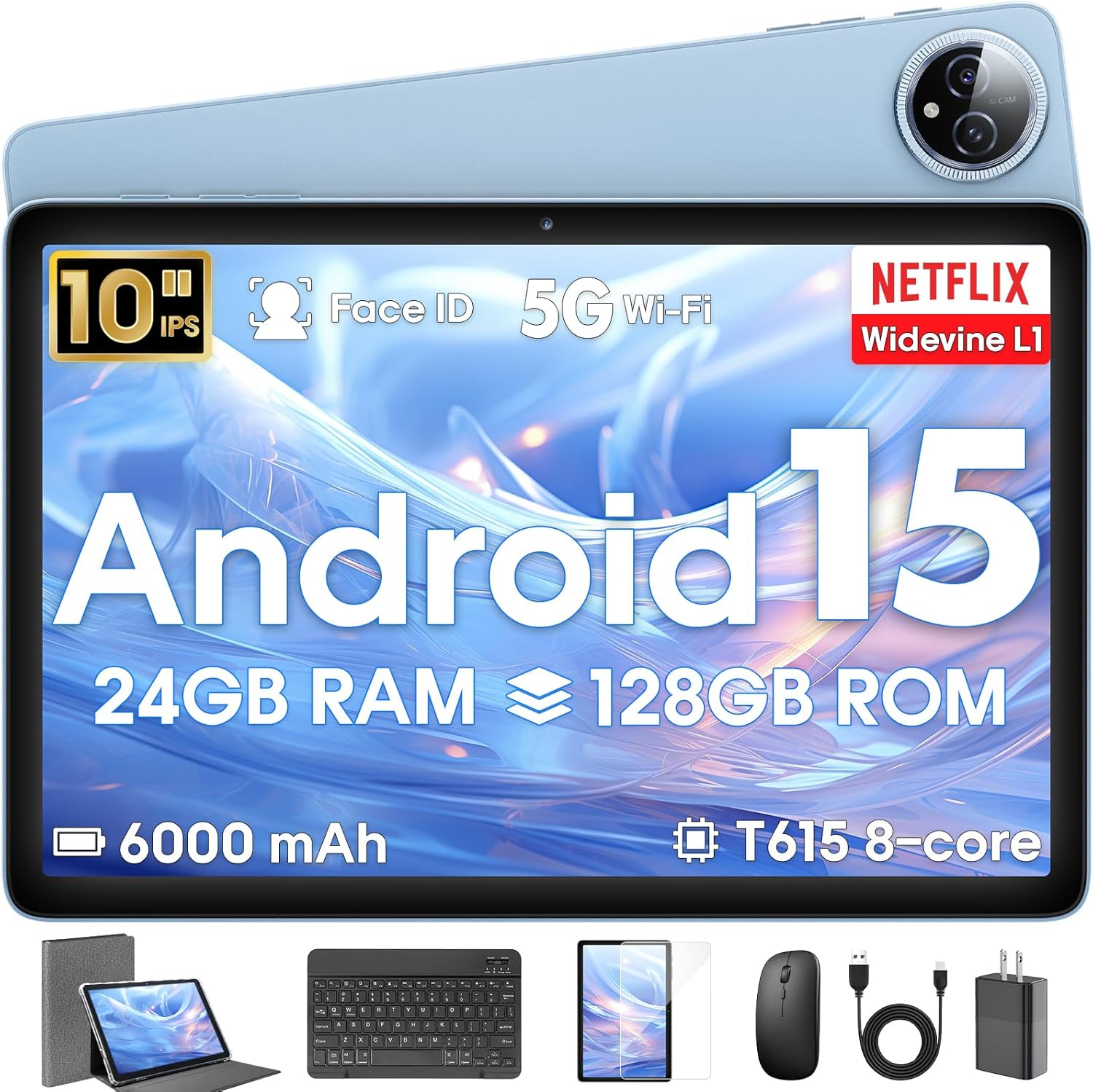 Android 15 Tablet 10 inch with Keyboard Case and Stylus Support