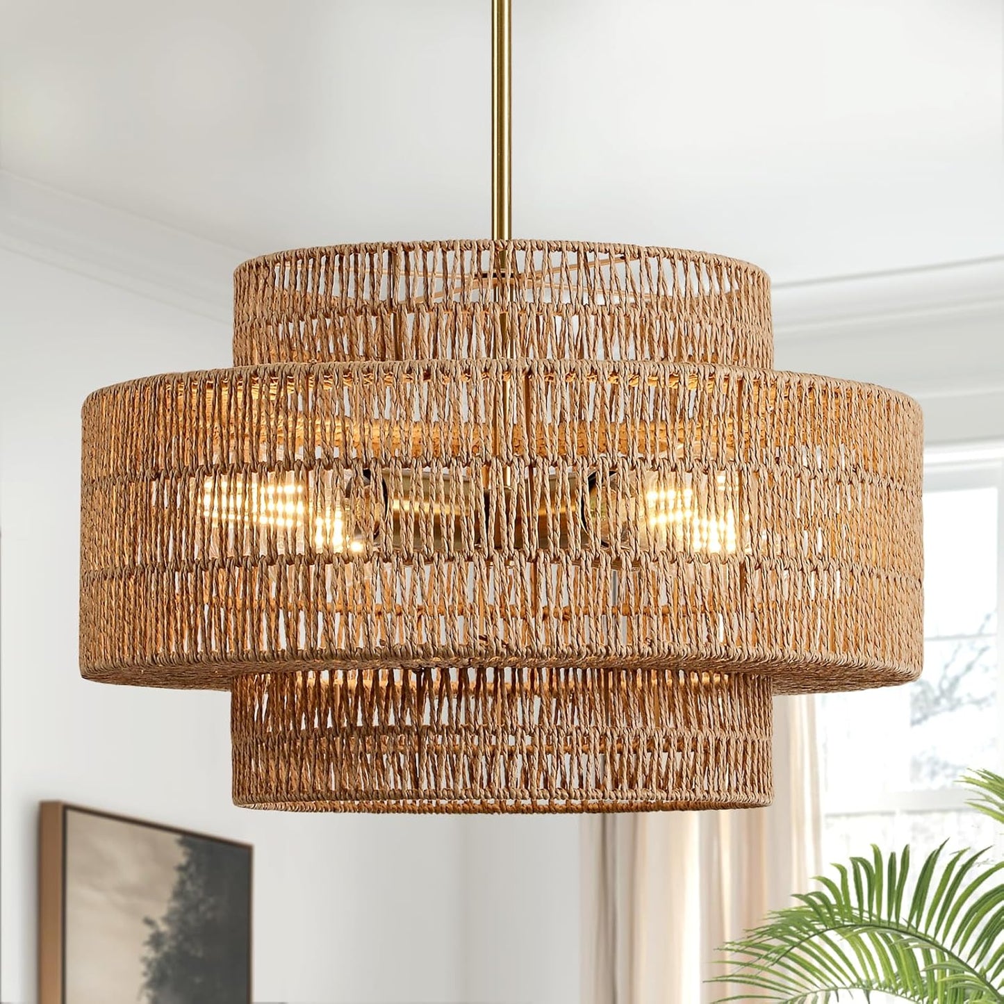 4-Light Boho Rattan Chandelier for Dining Room and Kitchen