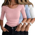 Ficerd 3 Pack Elbow Length Shirts for Women - Ribbed Scoop Neck