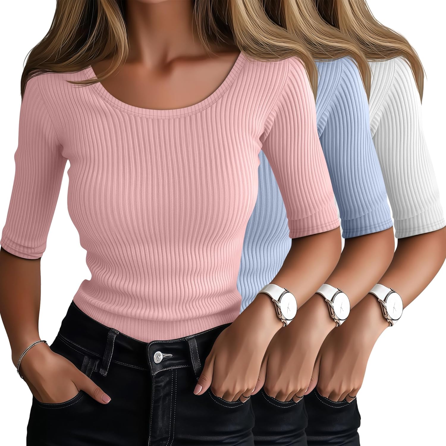 Ficerd 3 Pack Elbow Length Shirts for Women - Trendy Summer Tops