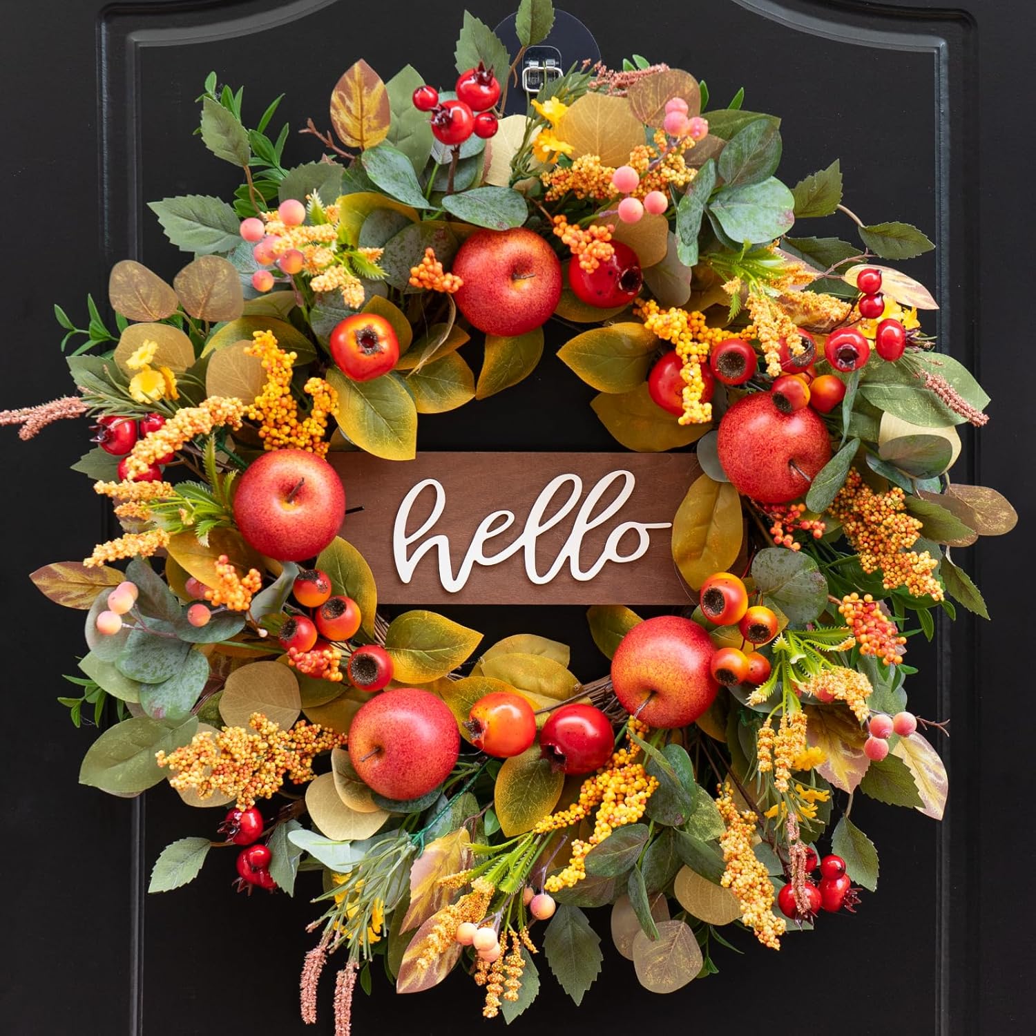 Charming 24 Inch Fall Wreath with Apples and Hello Sign