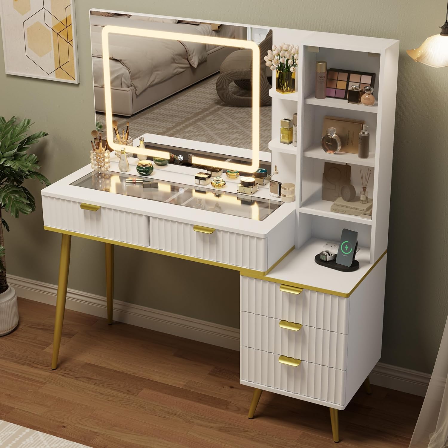 48in Large Makeup Vanity with Glass Top and 3 Lighting Modes
