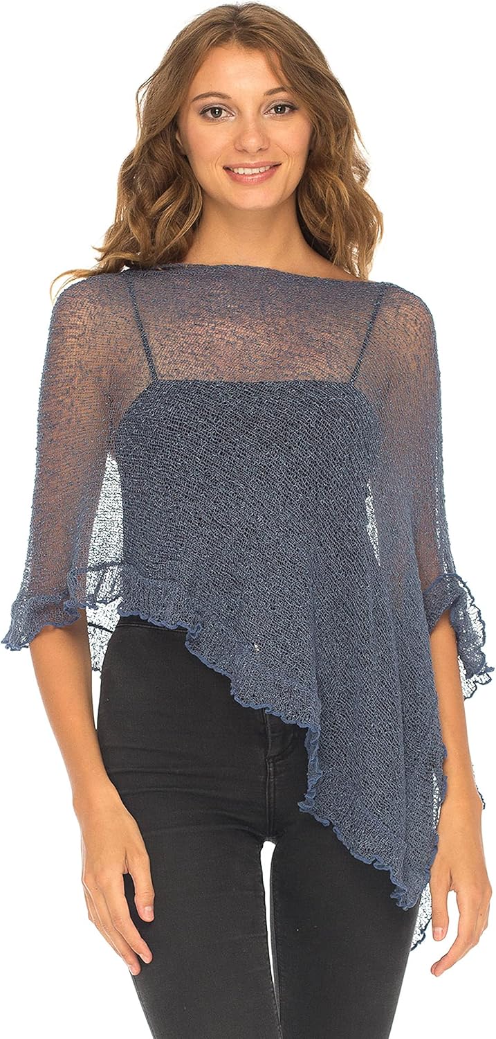 Lightweight Knit Ruffle Pullover Poncho Shrug for Women