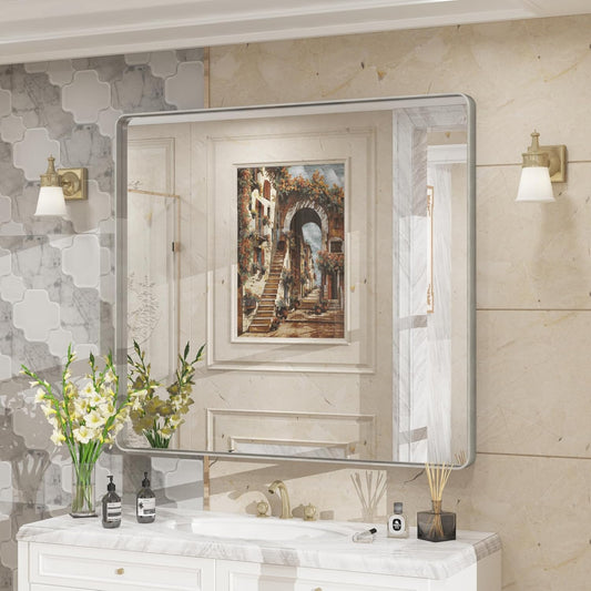 40x36 Inch Rounded Rectangle Bathroom Mirror with Silver Frame
