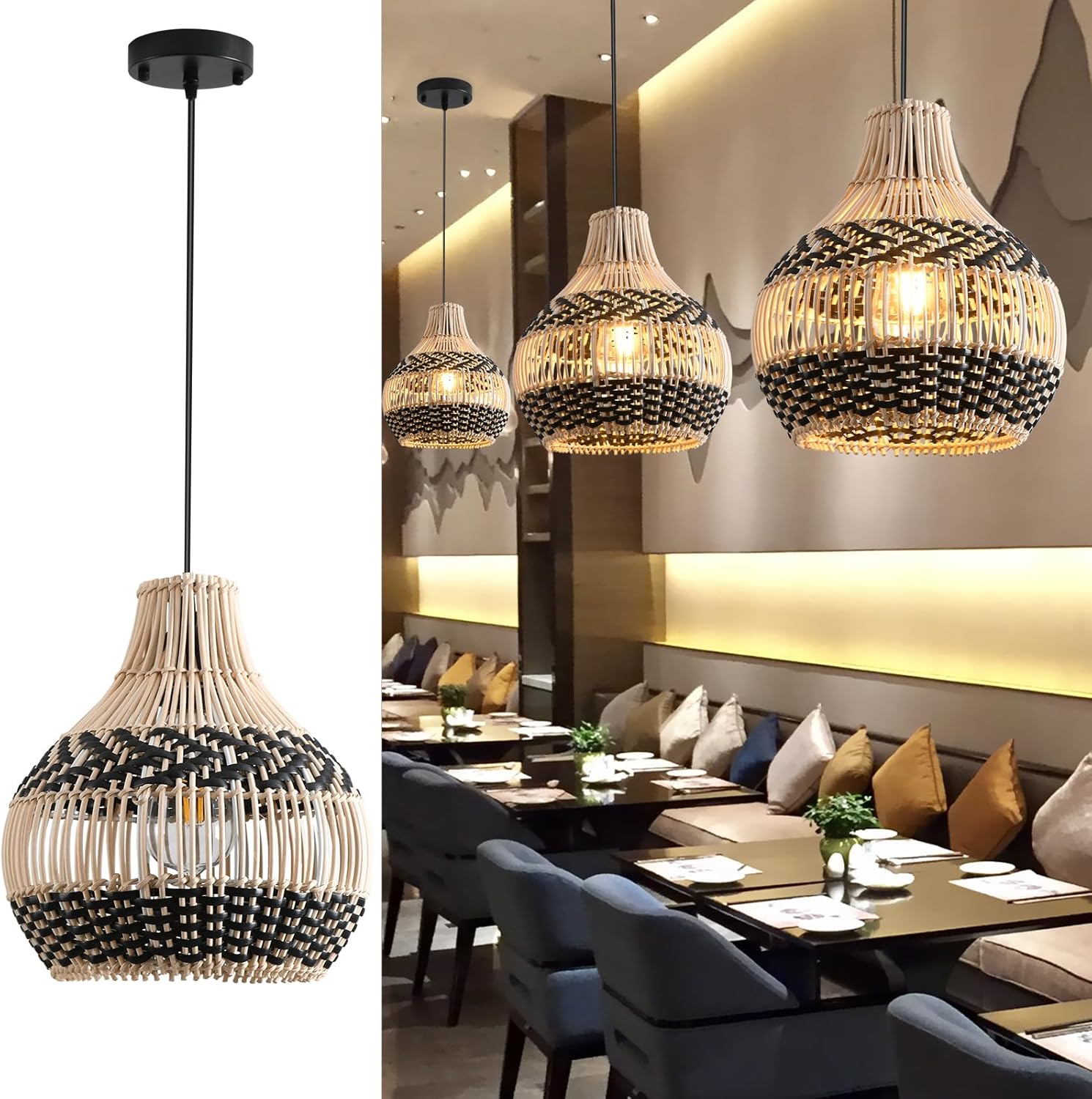 3-Pack Mini Hand-Woven Rattan Pendant Light Fixture for Home