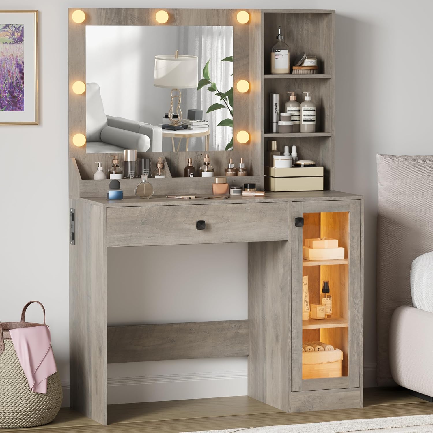 Small Vanity Desk with Mirror and Lights for Makeup Use