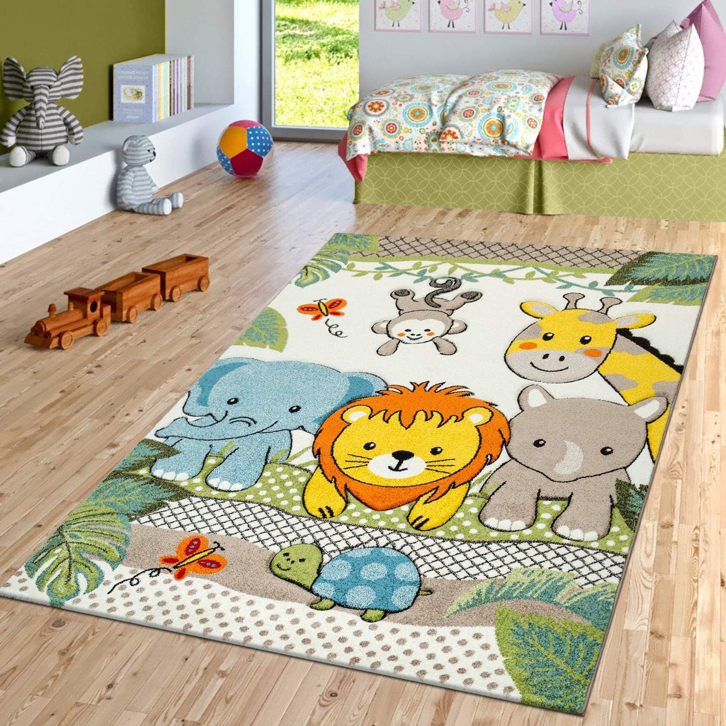 Cute Zoo Animals Jungle Rug for Kids Room - 3D Effect Design