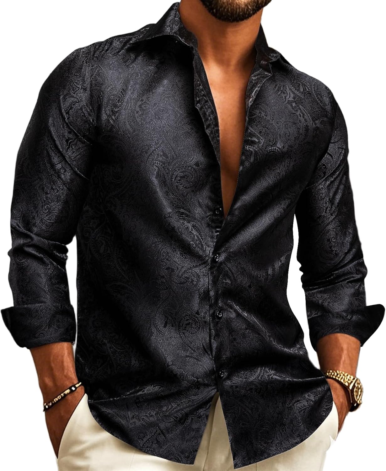Barry.Wang Mens Western Shirts Silk Paisley Long Sleeve Dress Shirt