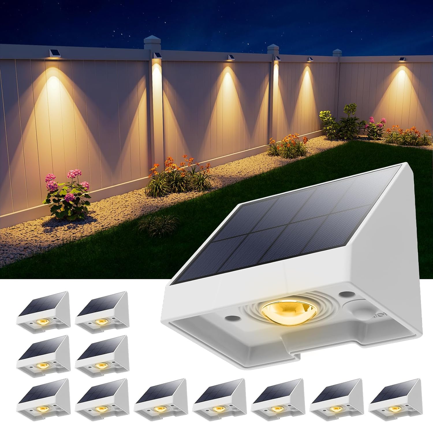 12 Pack Solar Powered Fence Lights for Outdoor Use with Warm White LED