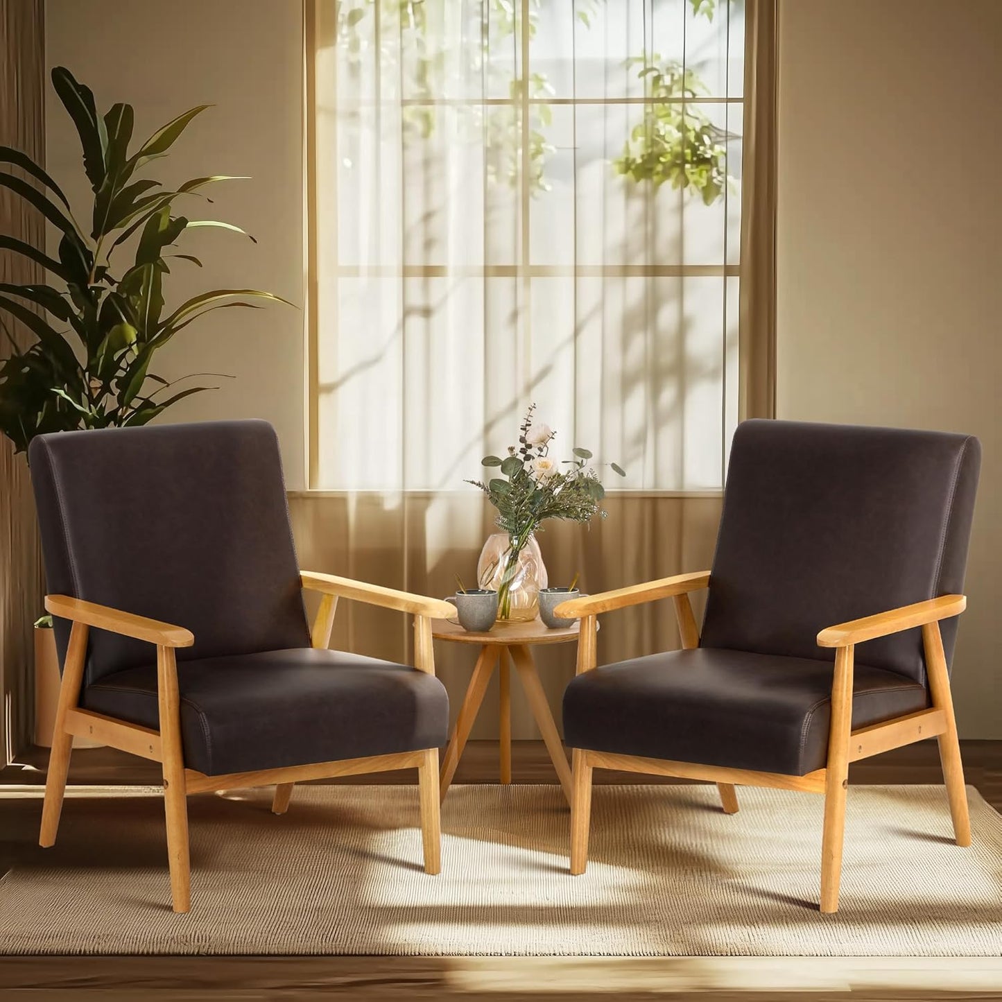 Set of 2 Mid Century Armchairs with Solid Wood Frame