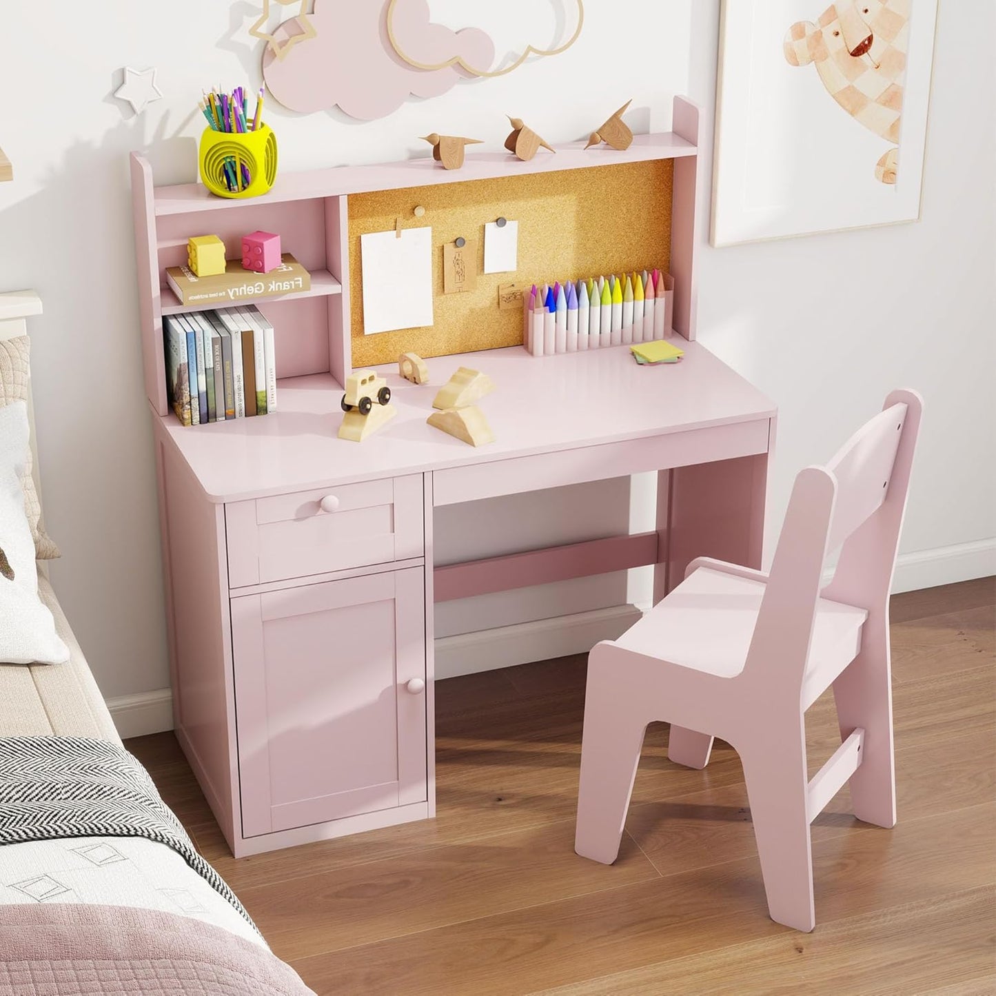 Kids Study Desk with Chair Set for 5-12 Years, Pink Design
