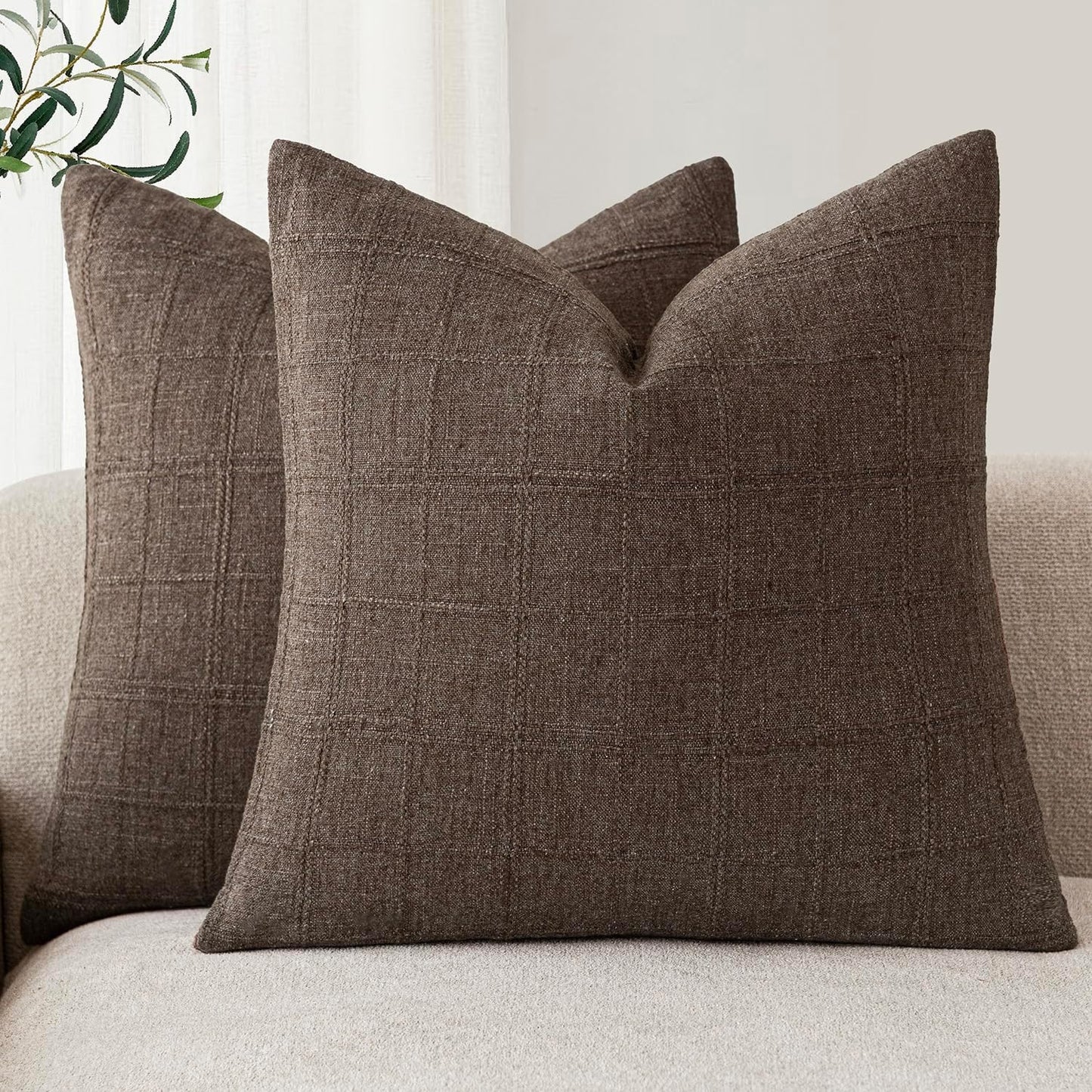 Foindtower Set of 2 Decorative Linen Check Throw Pillow Covers