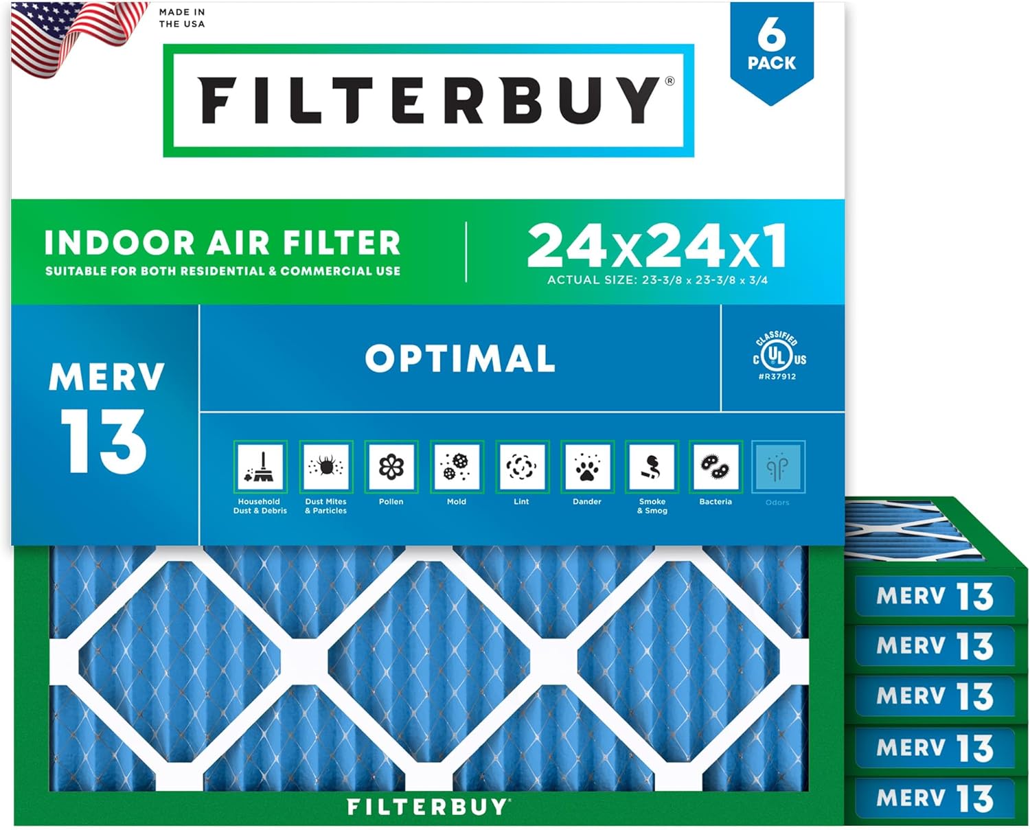 Filterbuy 24x24x1 Air Filter MERV 13 for Smoke & Allergy Defense