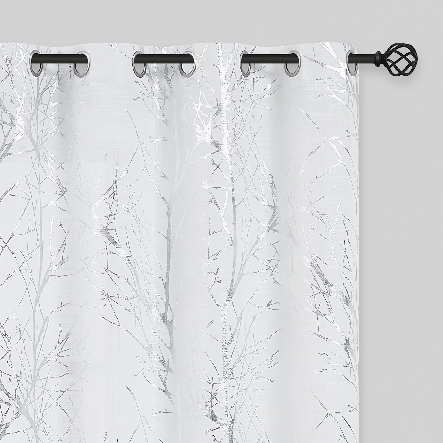Linen Semi Sheer Curtains with Silver Tree Print for Home Decor