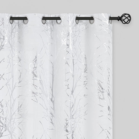 Linen Semi Sheer Curtains with Silver Tree Print for Home Decor