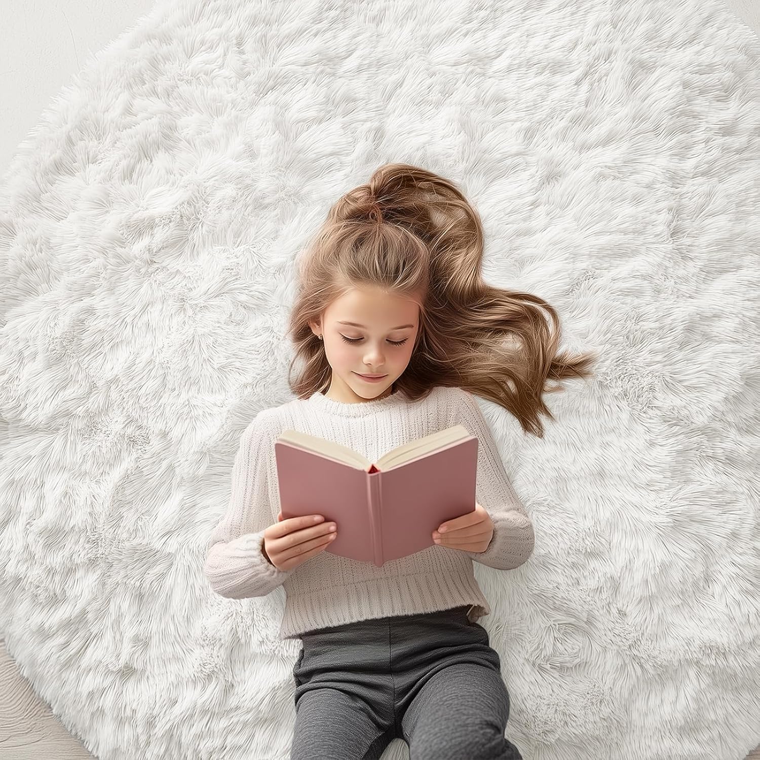 OLANLY Ivory Round Rugs for Bedroom - Soft, Fluffy, and Washable