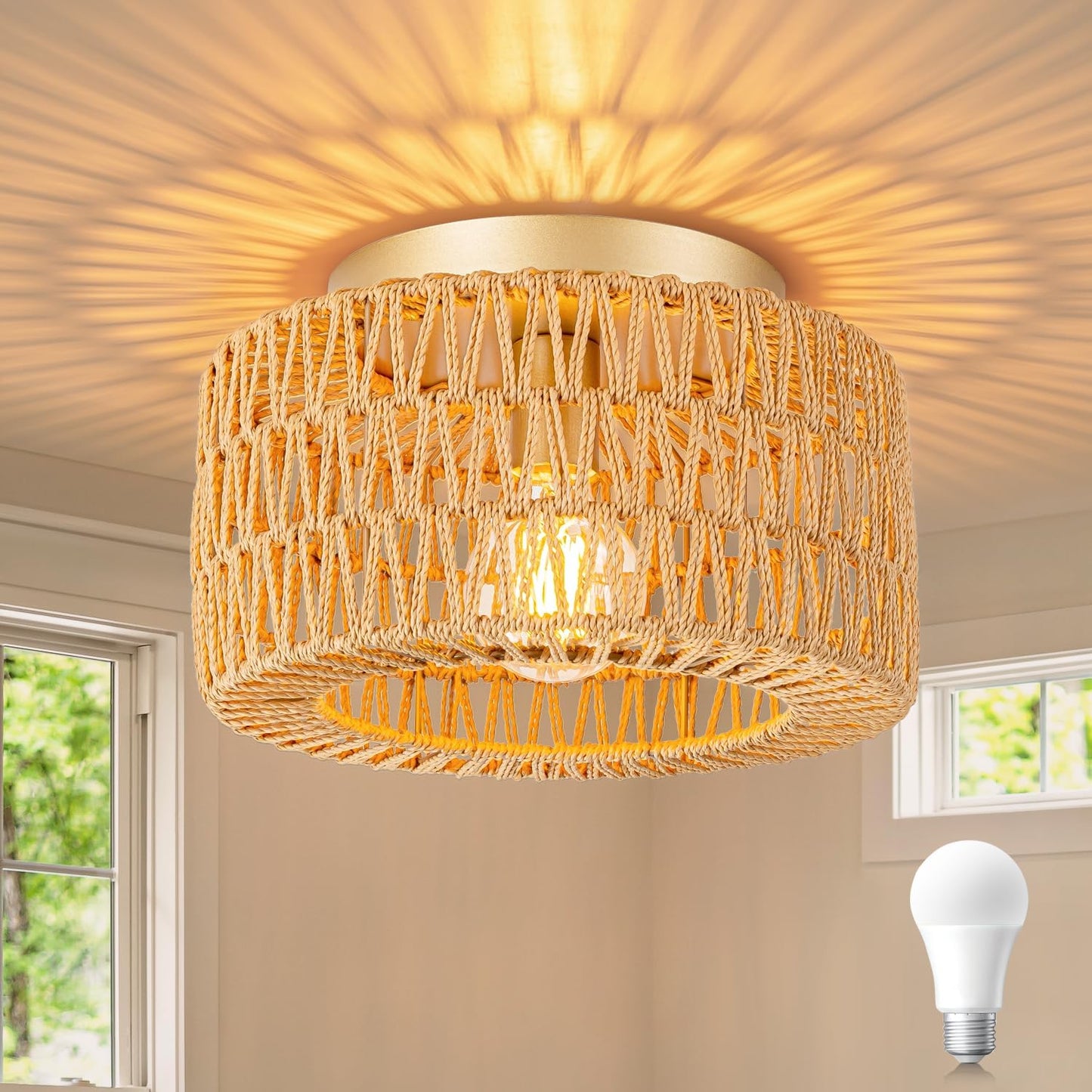 SineRise Rattan Ceiling Light Fixtures for Boho Home Decor
