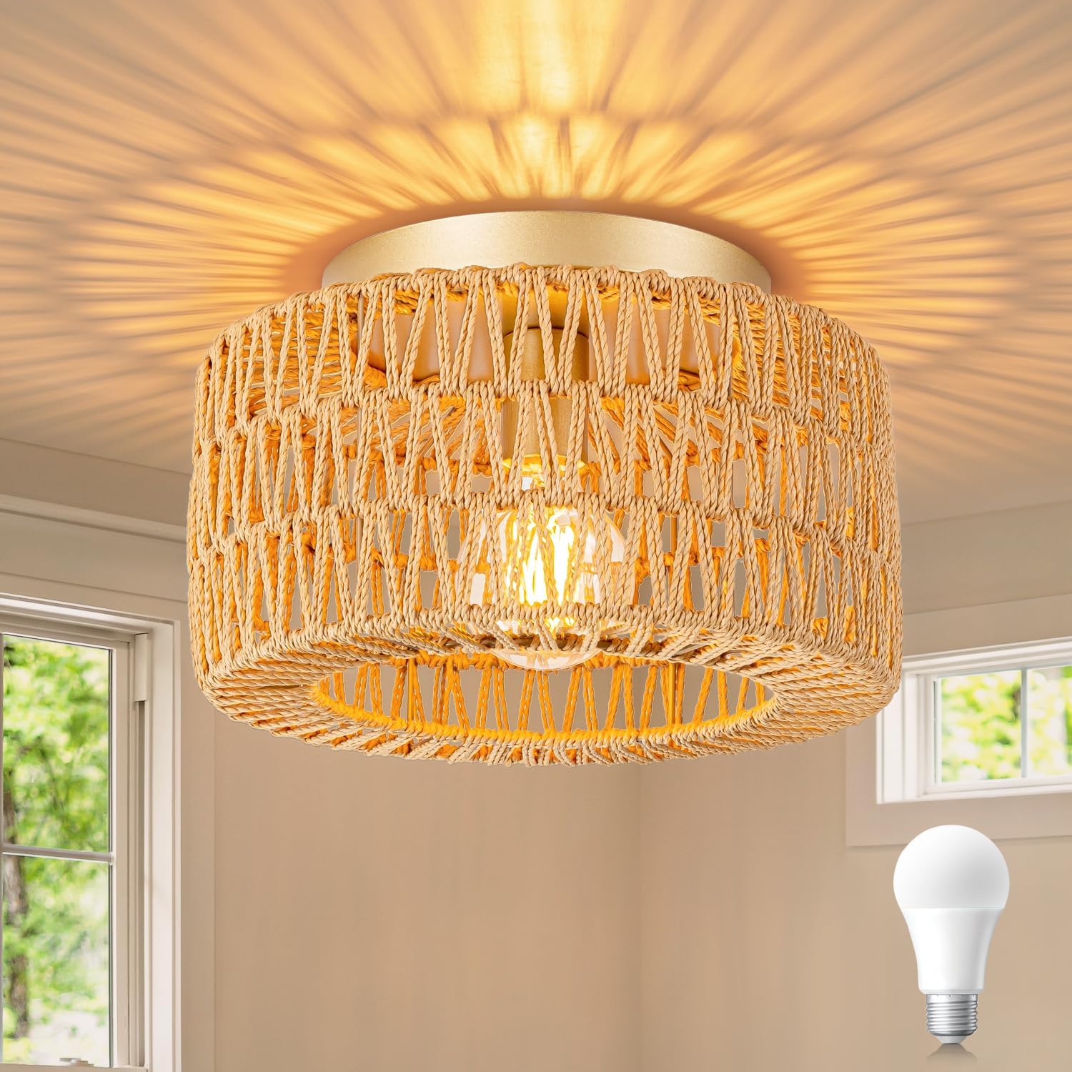 SineRise Rattan Ceiling Light Fixtures for Boho Home Decor