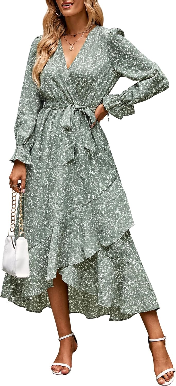 Floral High Waist Ruffle Long Sleeve Dress for Women