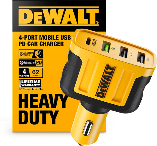 DEWALT Heavy Duty 4 Port USB C Car Charger for Fast Charging