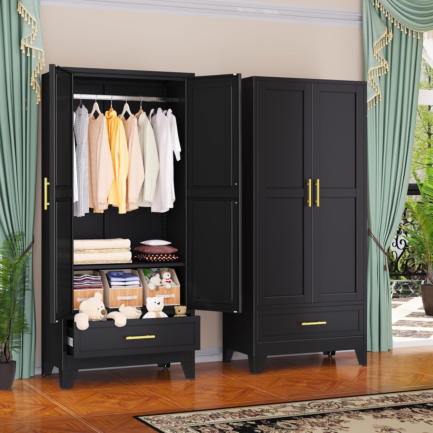 Steel Armoire Wardrobe Closet with Adjustable Shelf and Drawers