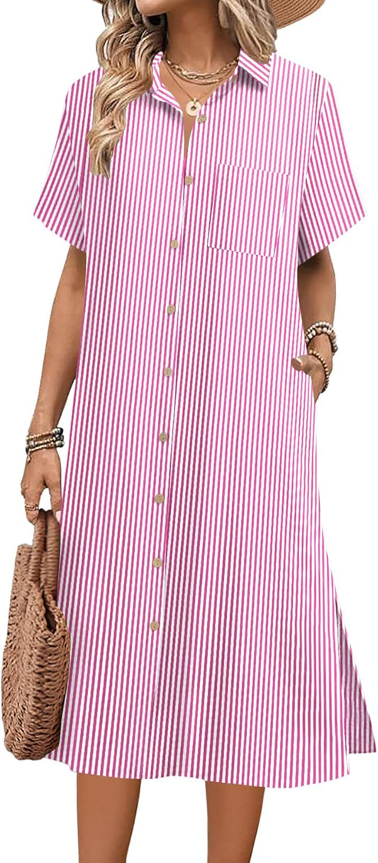 HOTOUCH Womens Summer Dress Casual Midi Short Sleeve Shirt