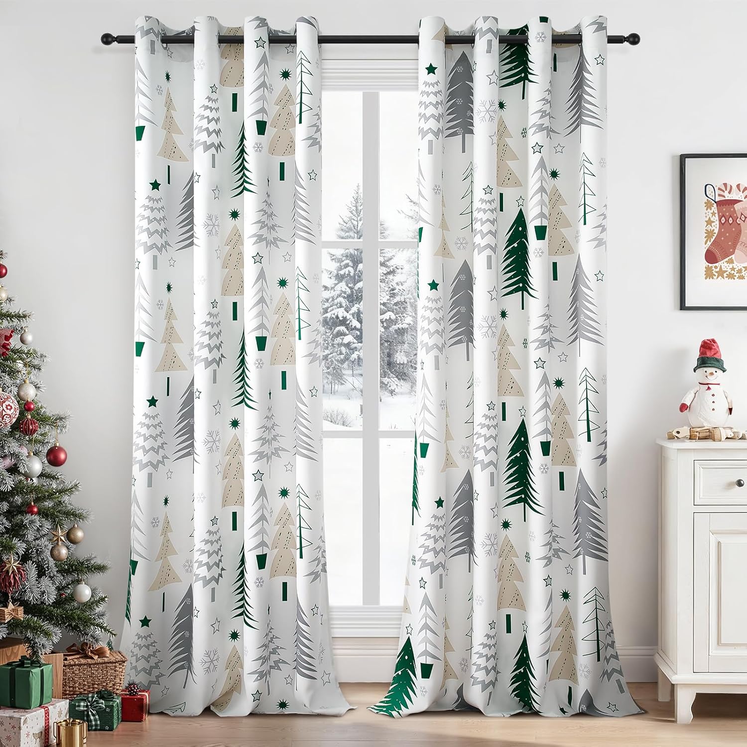 Christmas Living Room Curtains with Snowflake Print 84 Inches