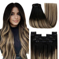 Clip in Human Hair Extensions Ombre Black to Brown with Caramel Blonde
