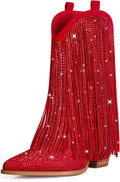 Red Cowgirl Boots for Women - Rhinestone Fringe Pointed Toe