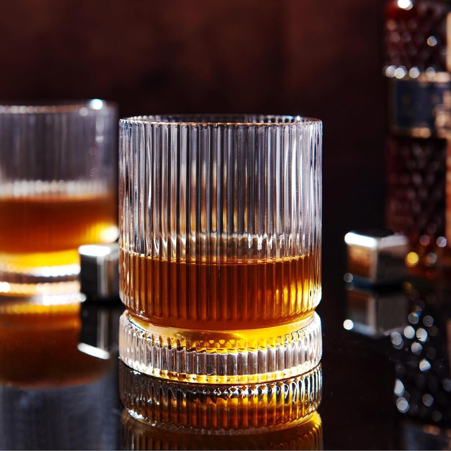 Ribbed Whiskey Glasses Set of 8 for Bourbon and Scotch Lovers