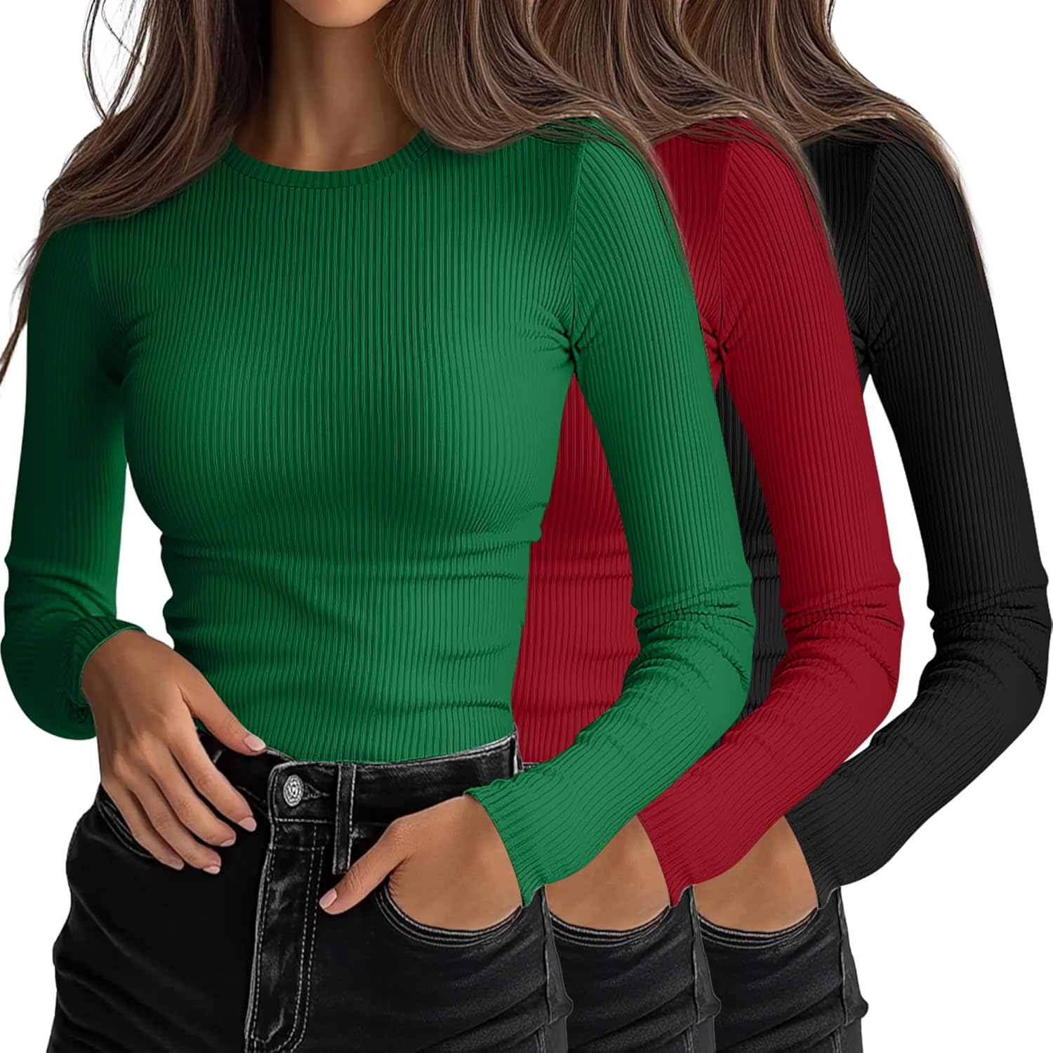 Ficerd Women's Ribbed Long Sleeve Tops for Casual Layering