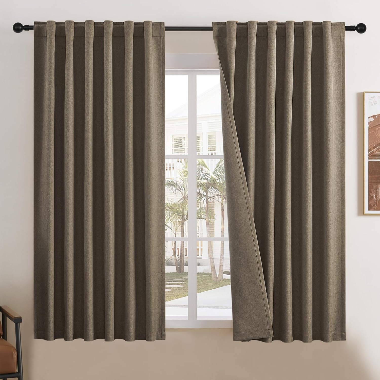 DUALIFE Brown Curtains 63 Inch Long Set for Room Darkening