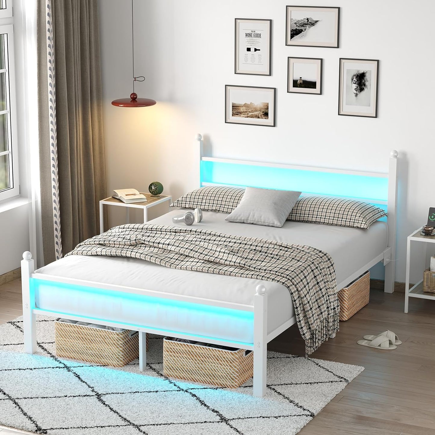 Full Bed Frame with Headboard, LED Lights, and Charging Station