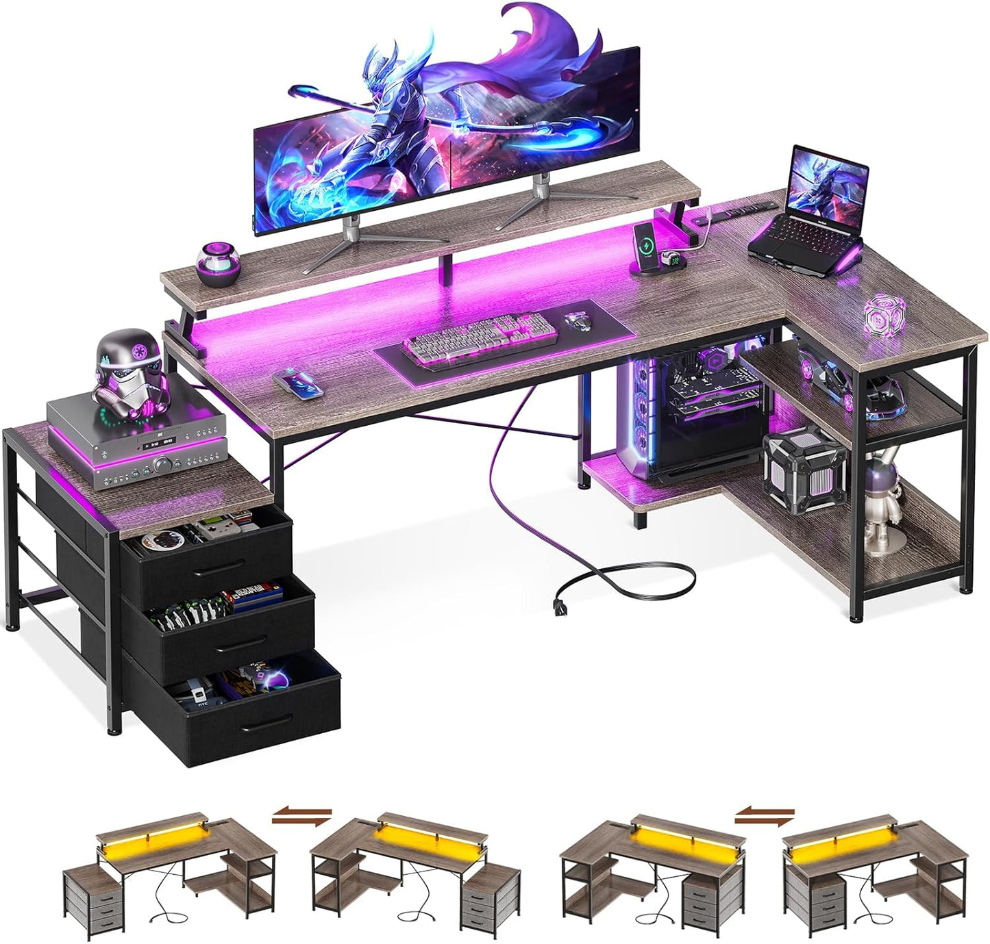 Oak L-Shaped Gaming Desk with Charging Station & LED Strip