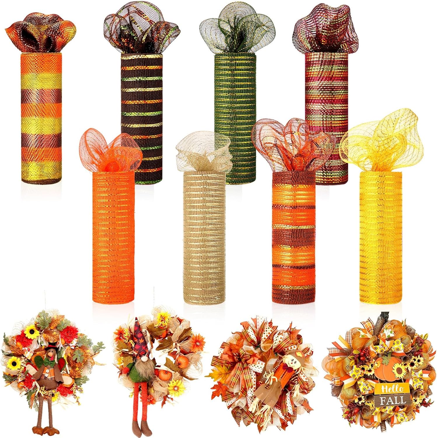 Thanksgiving Mesh Ribbon for Wreaths - 8 Rolls 10 Inch x 30 Feet