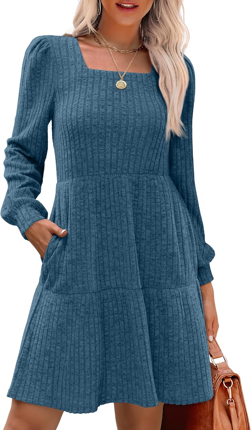 Stylish Womens Square Neck Long Sleeve Fall Dresses for Comfort