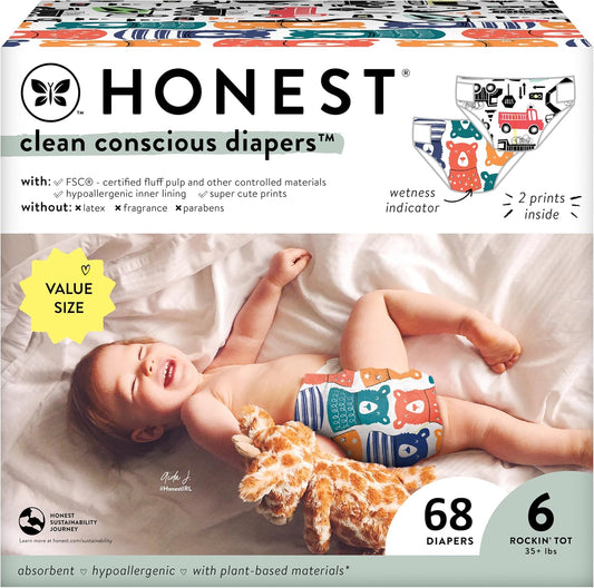 The Honest Co. Plant-Based Diapers | Beary Cool + Big Trucks | Size 6, 68 Count
