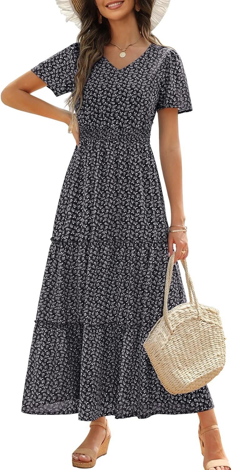 Zattcas Womens Long Summer Dress with Flutter Sleeves and V Neck