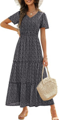 Womens 2025 Long Summer Floral Maxi Dress - Smocked V-Neck Fit