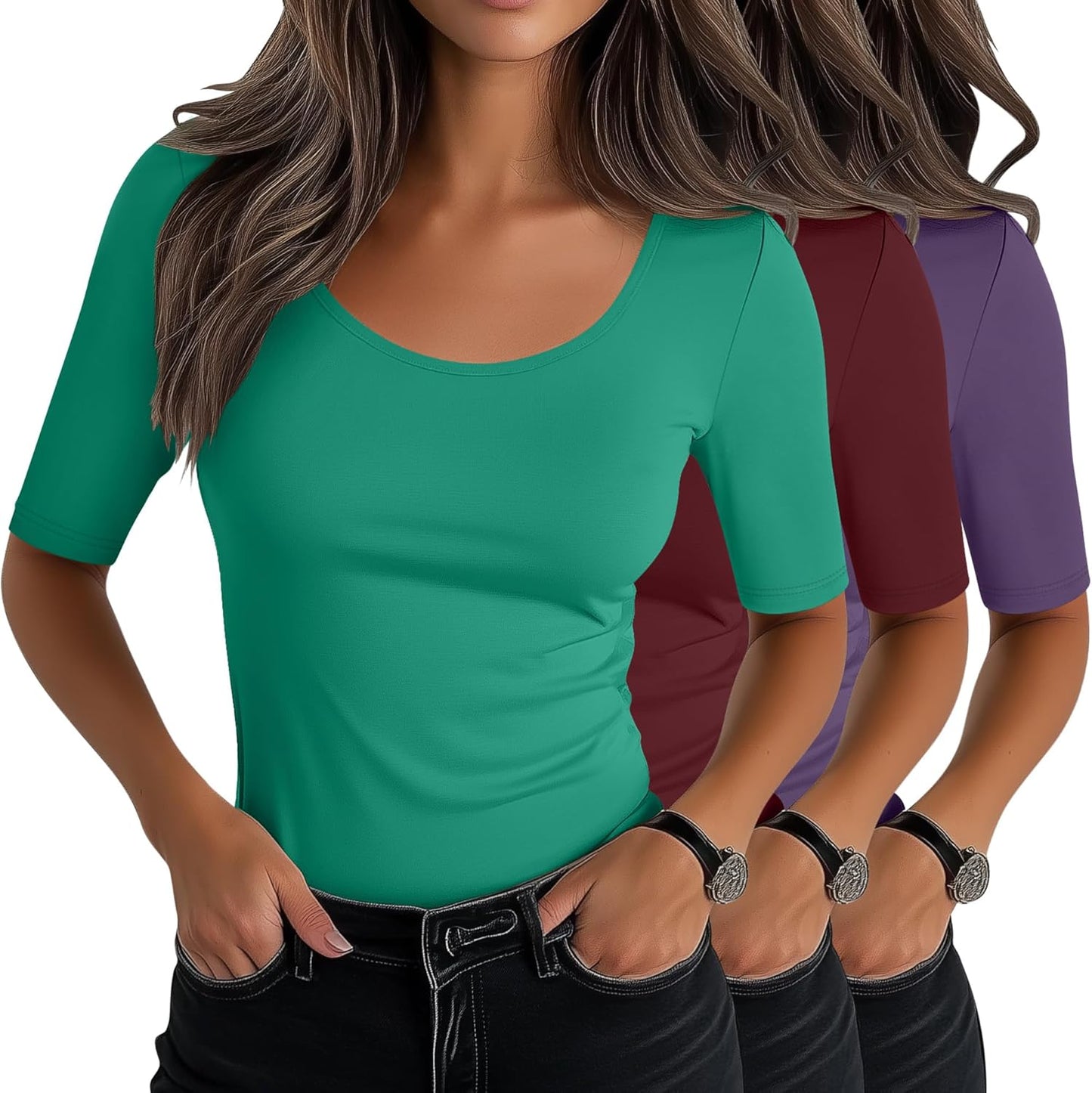 Neer Women's Scoop Neck Stretchy Tops for Casual Summer Wear
