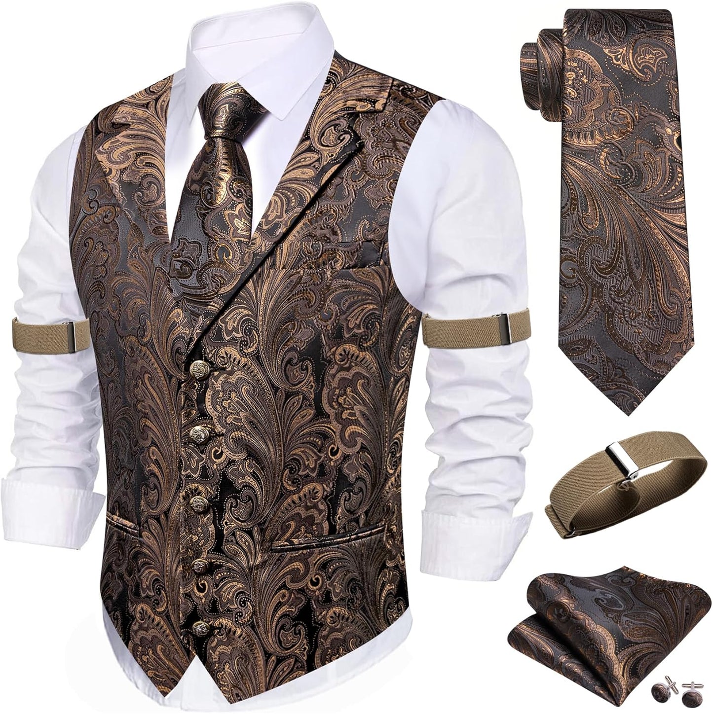 Stylish Mens Silk Lapel Vest Tie Sleeve Holder Set for Weddings
